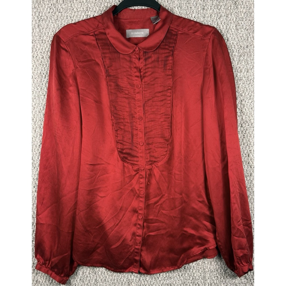 Liz Claiborne 100% Silk Pintuck Blouse Red Peter Pan Collar Top L